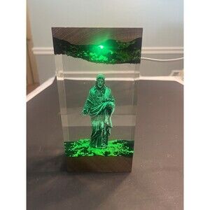 Jesus Statue Color Changing Lights Resin Acrylic Wood Figurine Remote Tested